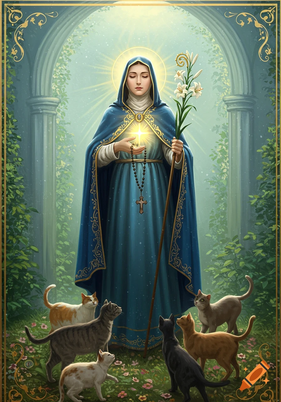 A saint-like woman in blue robes holds lilies and a rosary, glowing in a lush arched garden surrounded by multiple cats, in a detailed illustration.
