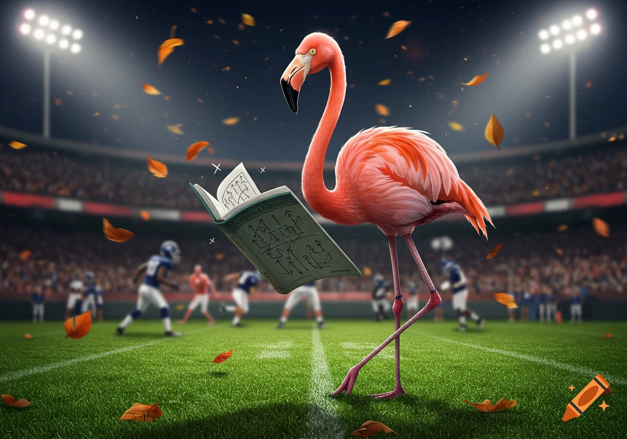 Photorealistic image of a flamingo standing on an American football field at night, holding an open playbook and looking confused with fallen autumn leaves.