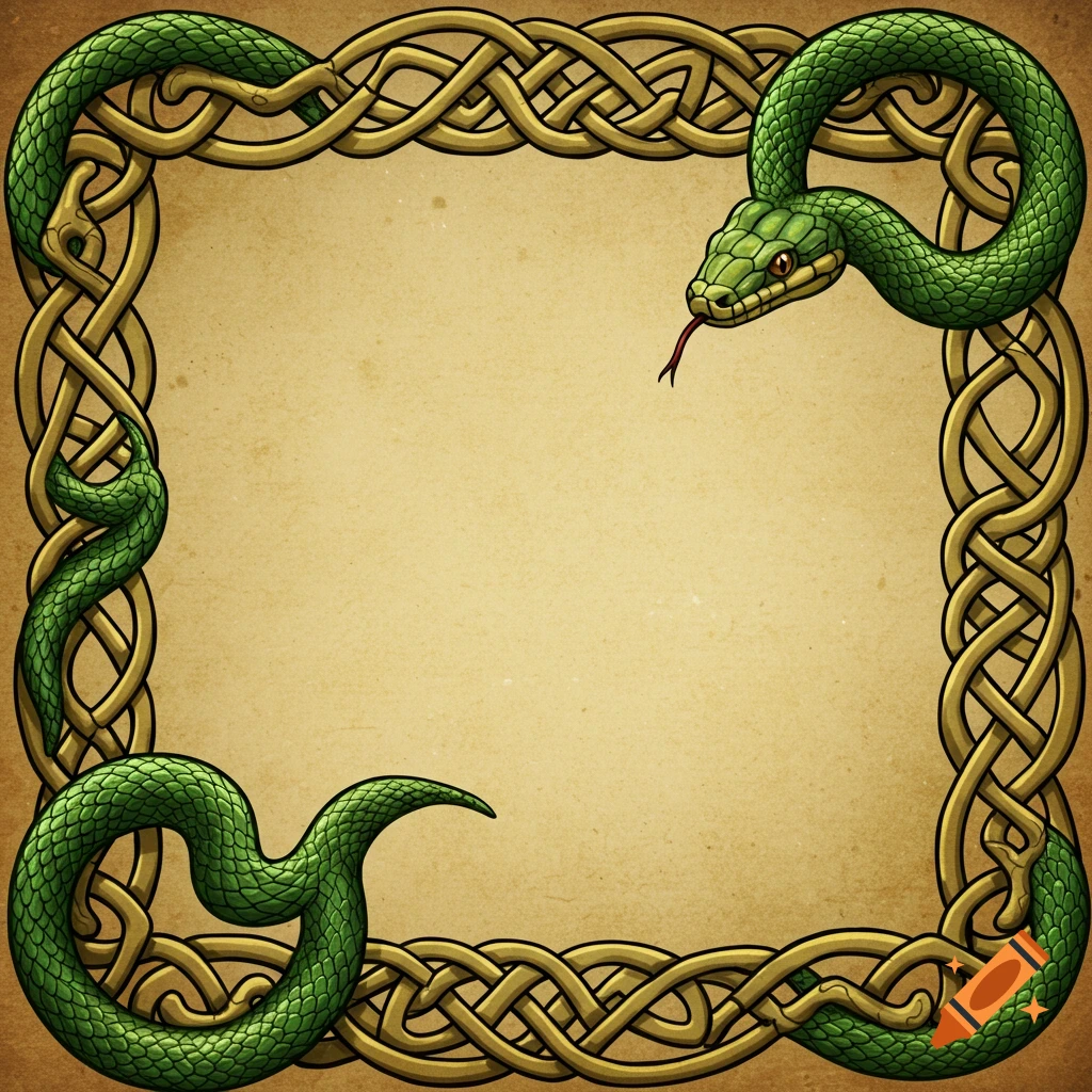 A green snake forms part of an intricate gold Celtic knot border on a textured parchment background.