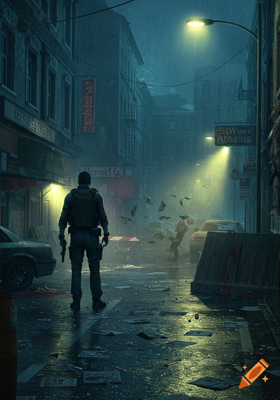 A heavily armed person in tactical gear stands in a dark, rainy city street. A figure with glowing red eyes is visible in the background amid flying debris.