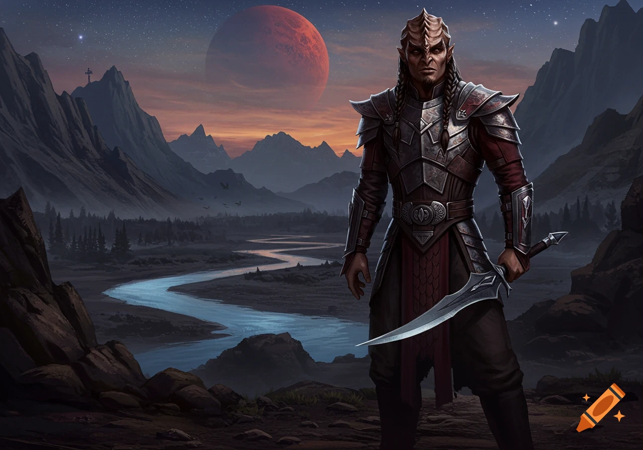 Alien warrior in dark armor holds a sword, standing in a mountain valley with a river under a starry sky and a red planet.