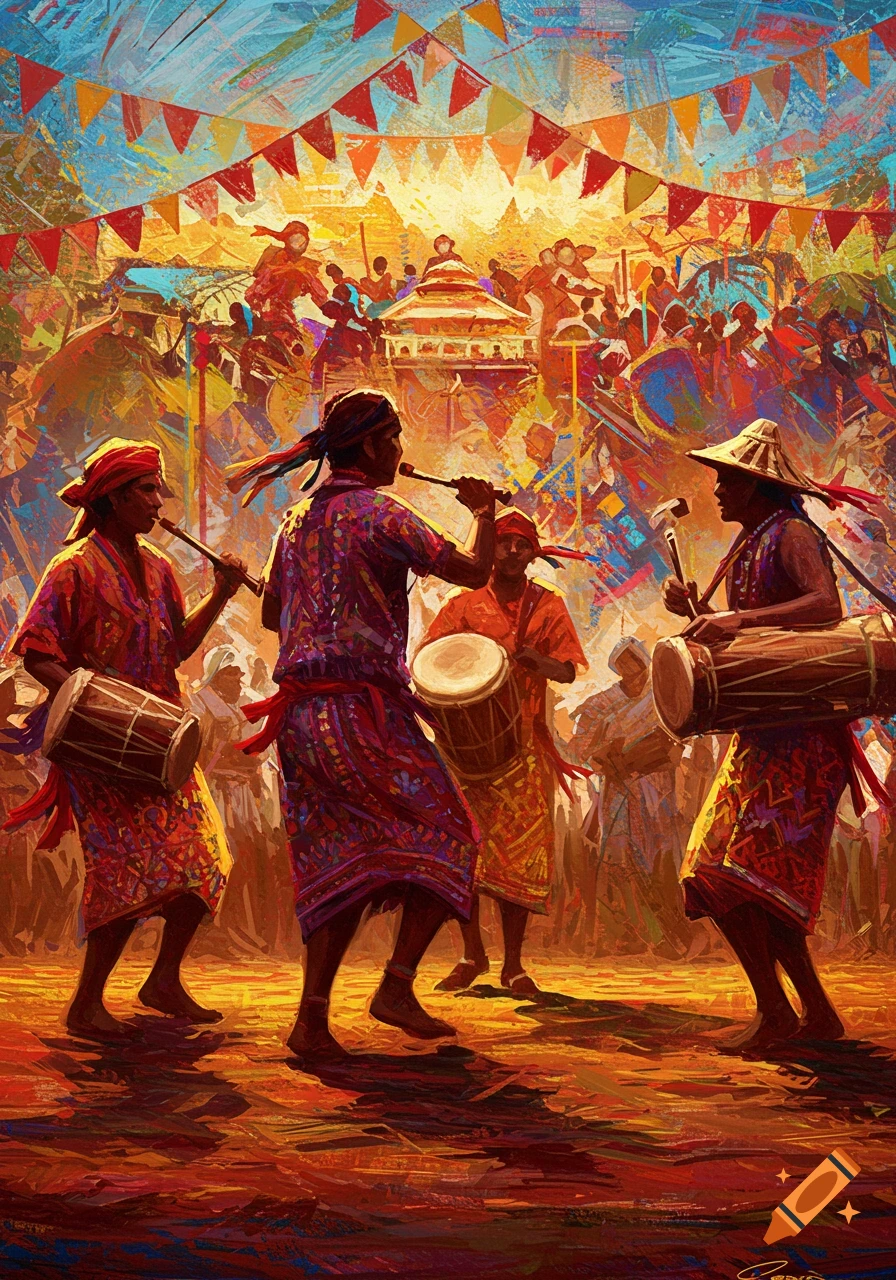 Vibrant painting of musicians playing drums and wind instruments at a lively outdoor festival with banners under a warm sky.