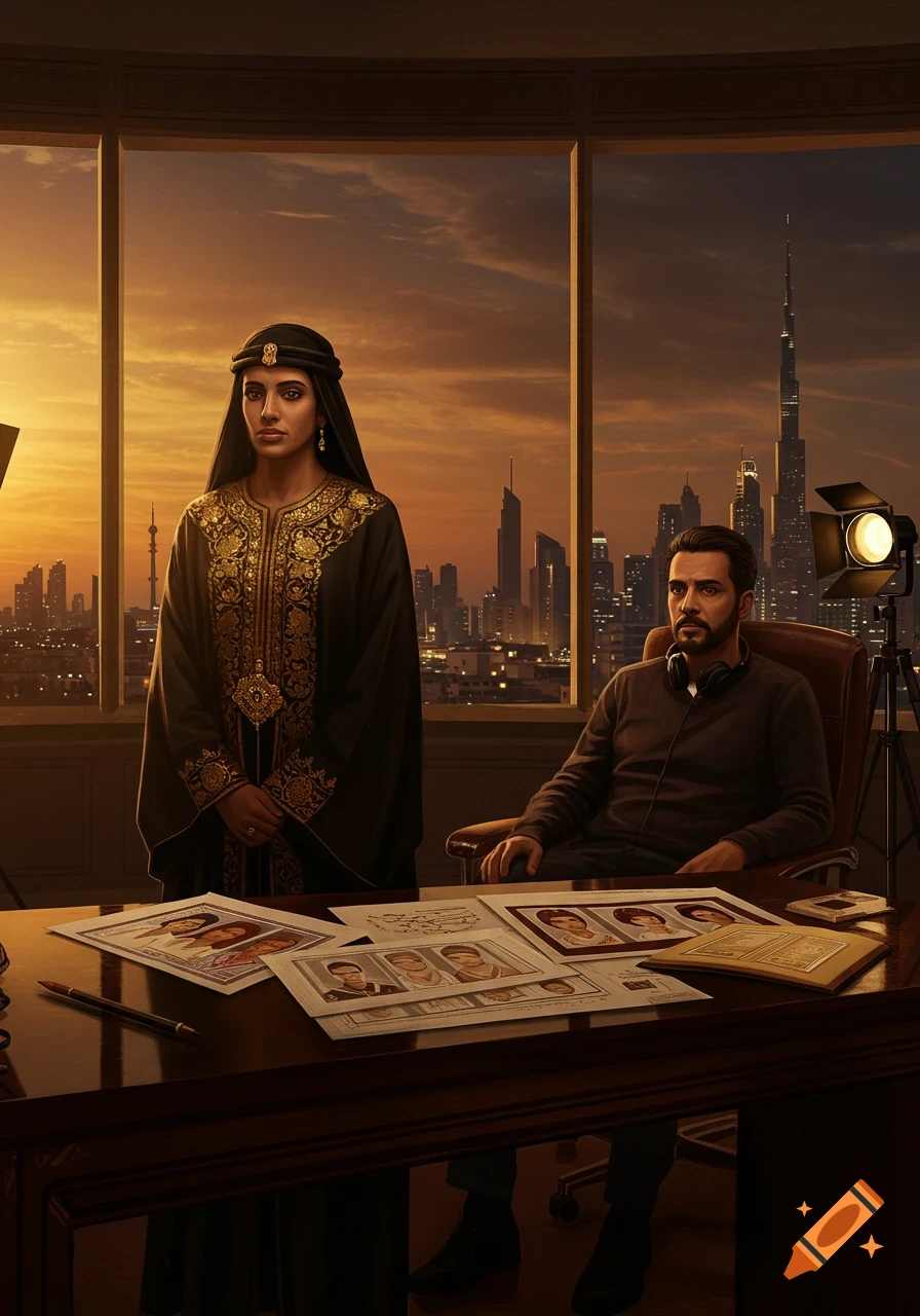 A woman in a black and gold embroidered abaya stands next to a man with headphones sitting at a desk with papers, overlooking a sunset cityscape.