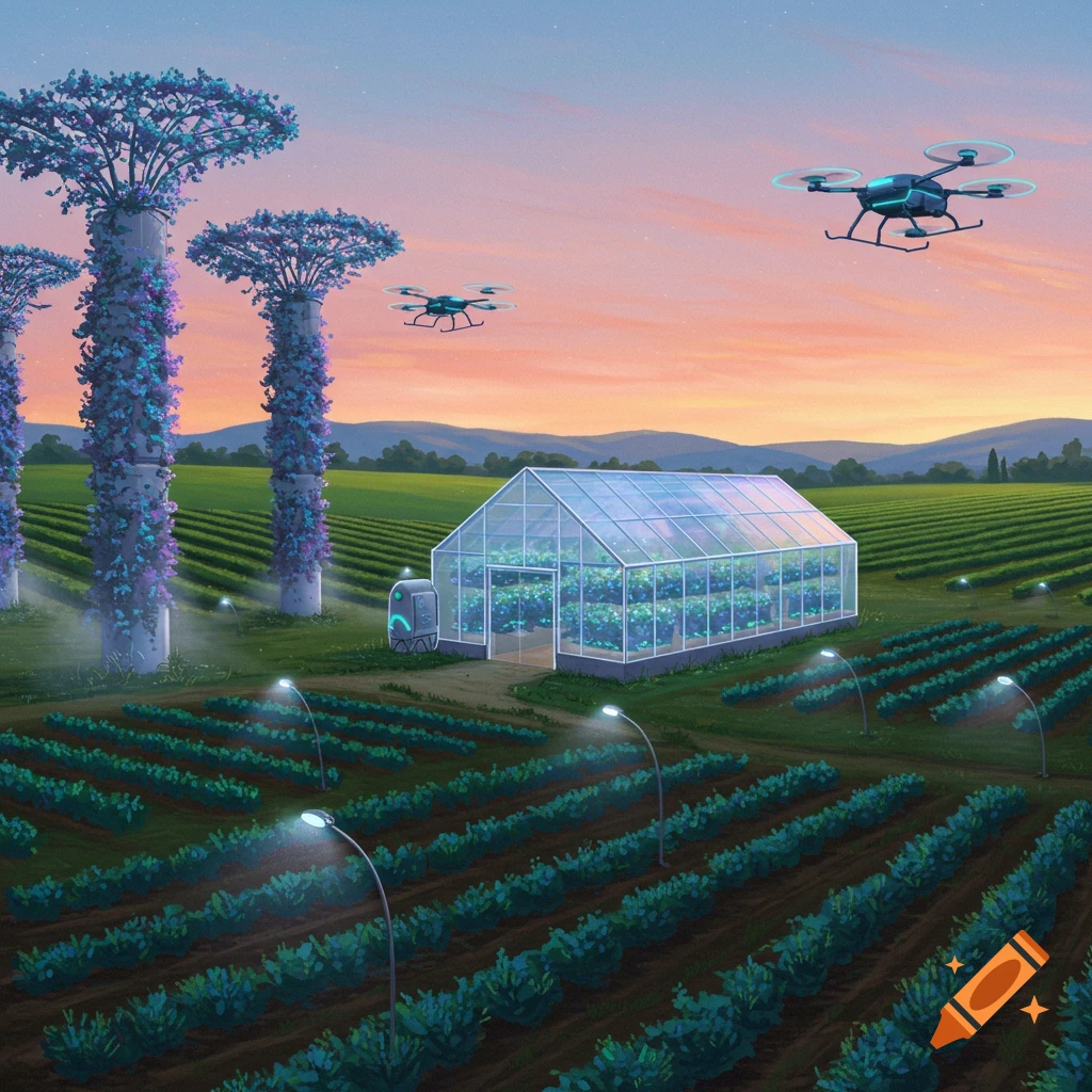 A vibrant, futuristic farm at sunset with a greenhouse, rows of crops lit by streetlights, tall plant-covered pillars, and flying drones.