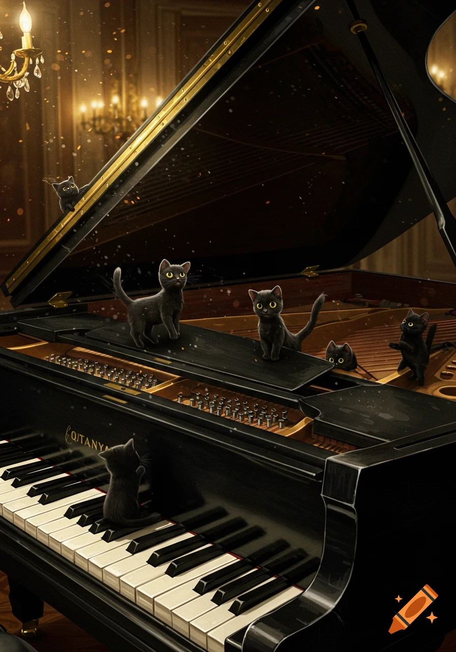 Digital painting of several tiny black kittens playing on and inside a grand piano in a dimly lit, ornate room with chandeliers.