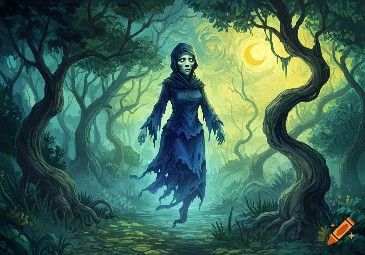 A pale, cloaked ghost with vacant eyes floats through a dark, misty forest under a crescent moon in a swirling, expressive painting style.