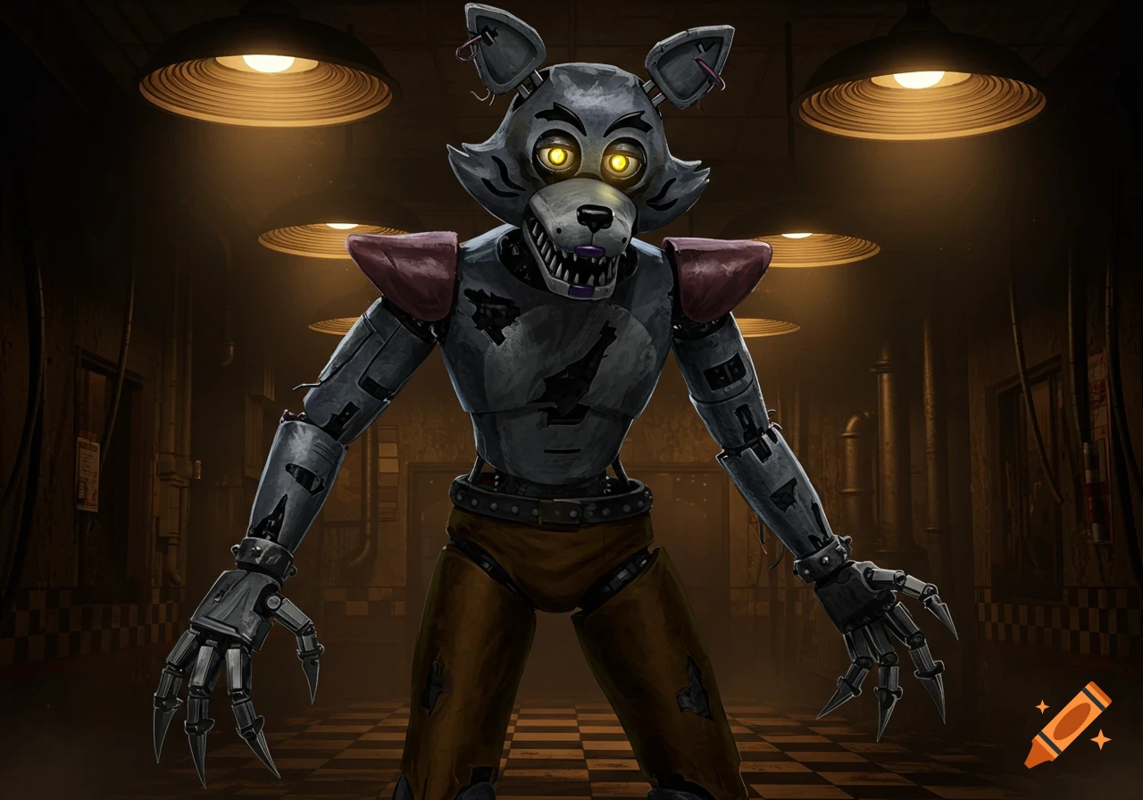 A menacing, tattered animatronic wolf with glowing yellow eyes and sharp claws stands in a dark, industrial hallway with hanging lights.