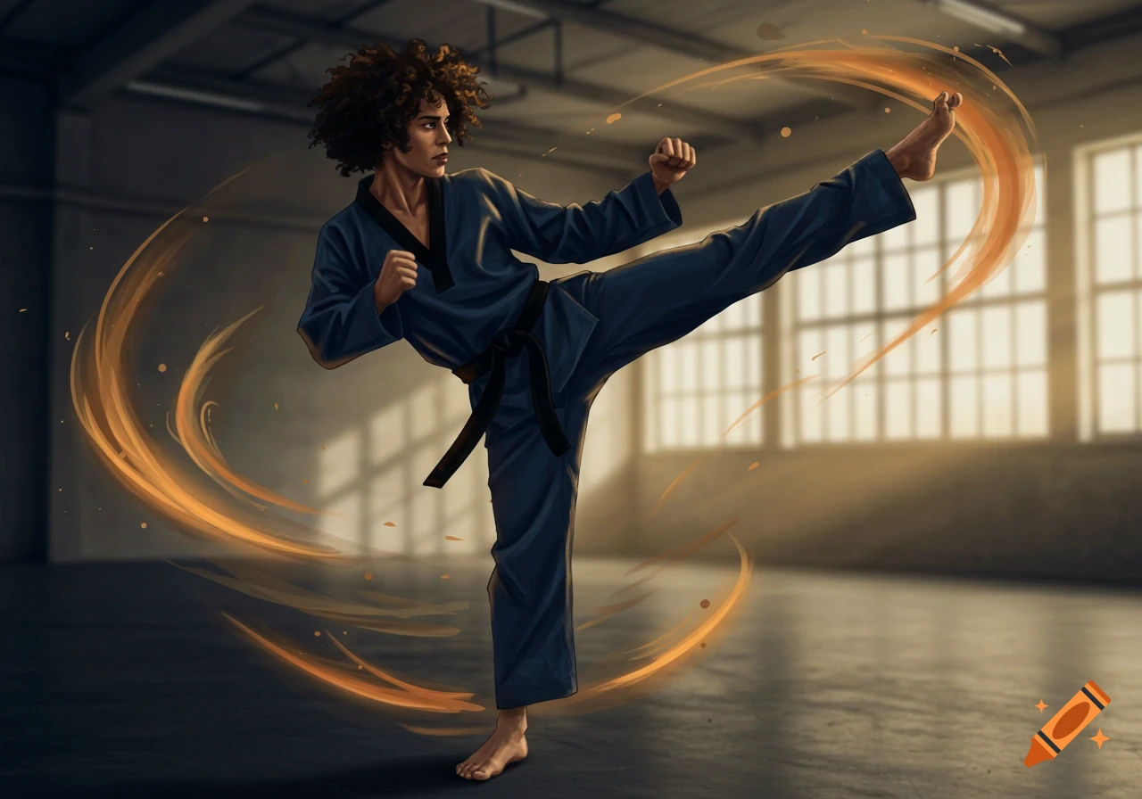 A person with curly hair in a blue Taekwondo gi performs a high kick in a training studio, surrounded by swirling orange energy.