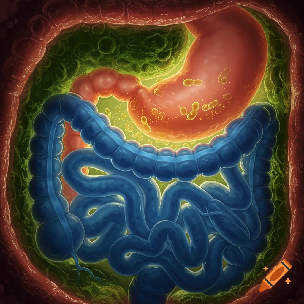 Stylized illustration of the human digestive system, showing stomach, small and large intestines in vibrant colors.