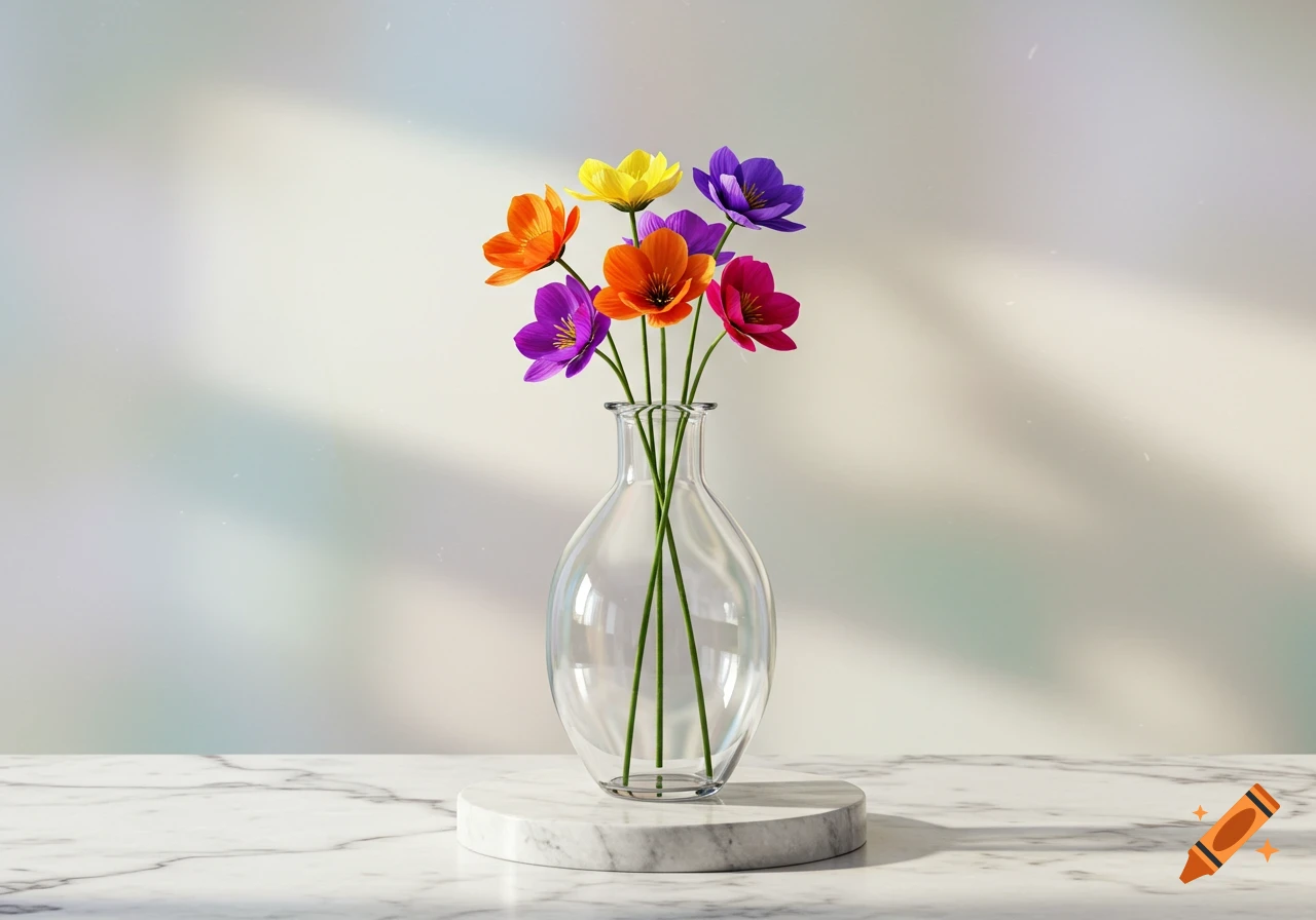 A clear glass vase holding seven colorful flowers (yellow, orange, purple, pink) on a white marble surface.