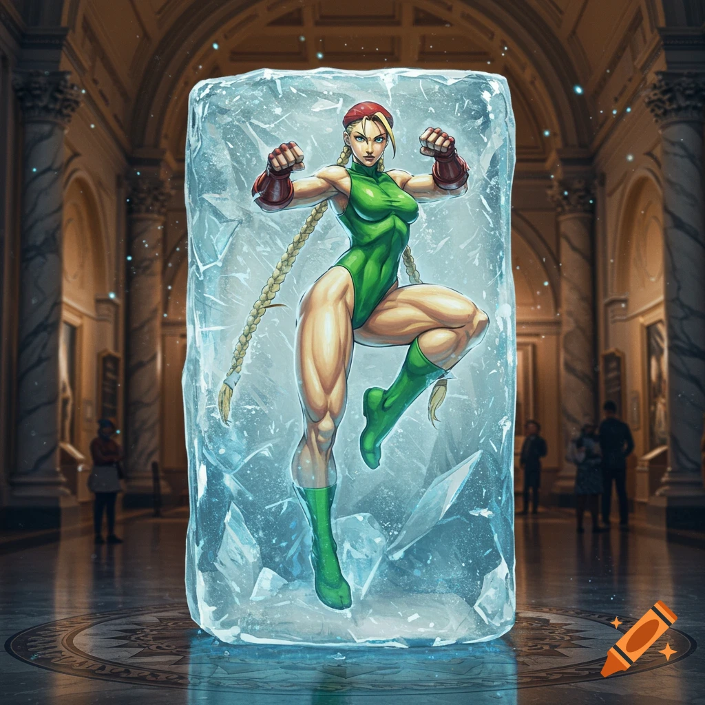 Stylized illustration of Cammy from Street Fighter, frozen in a block of ice in a museum.