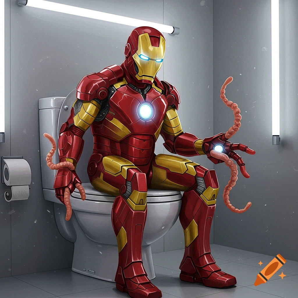 Iron Man in his red and gold suit sits on a toilet, with long, wiggly, worm-like fingers, in a white bathroom.