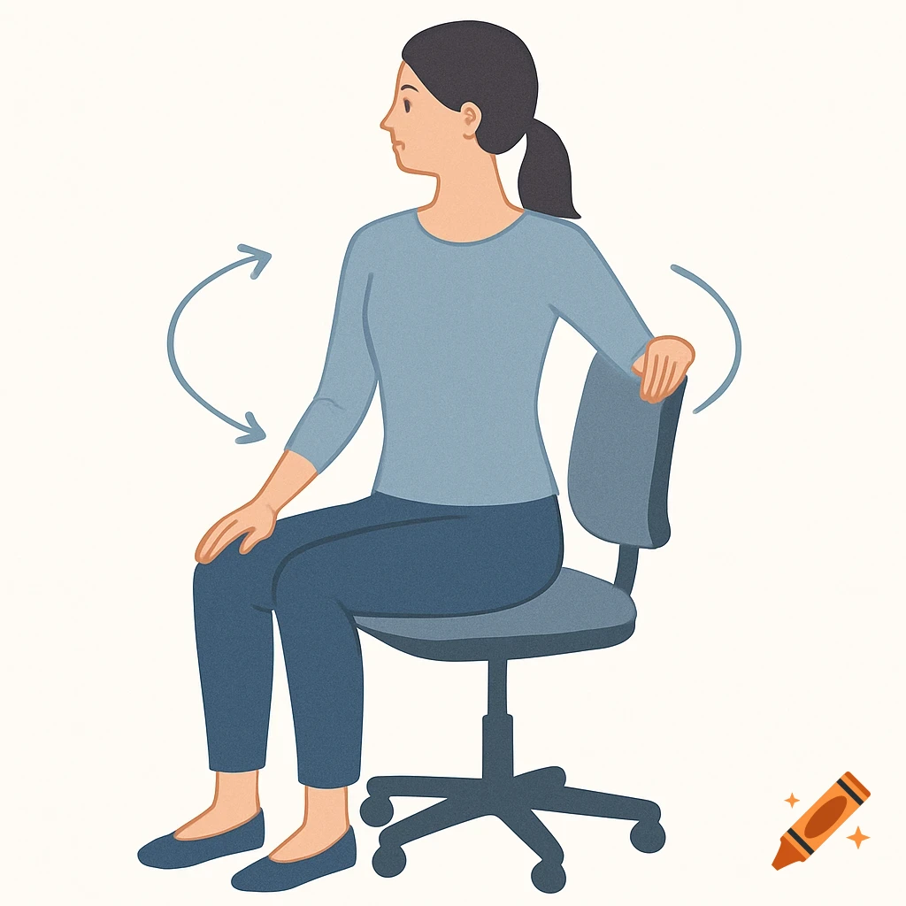Illustration of a woman in an office chair twisting her upper body, with arrows showing rotation, in a simple infographic style.