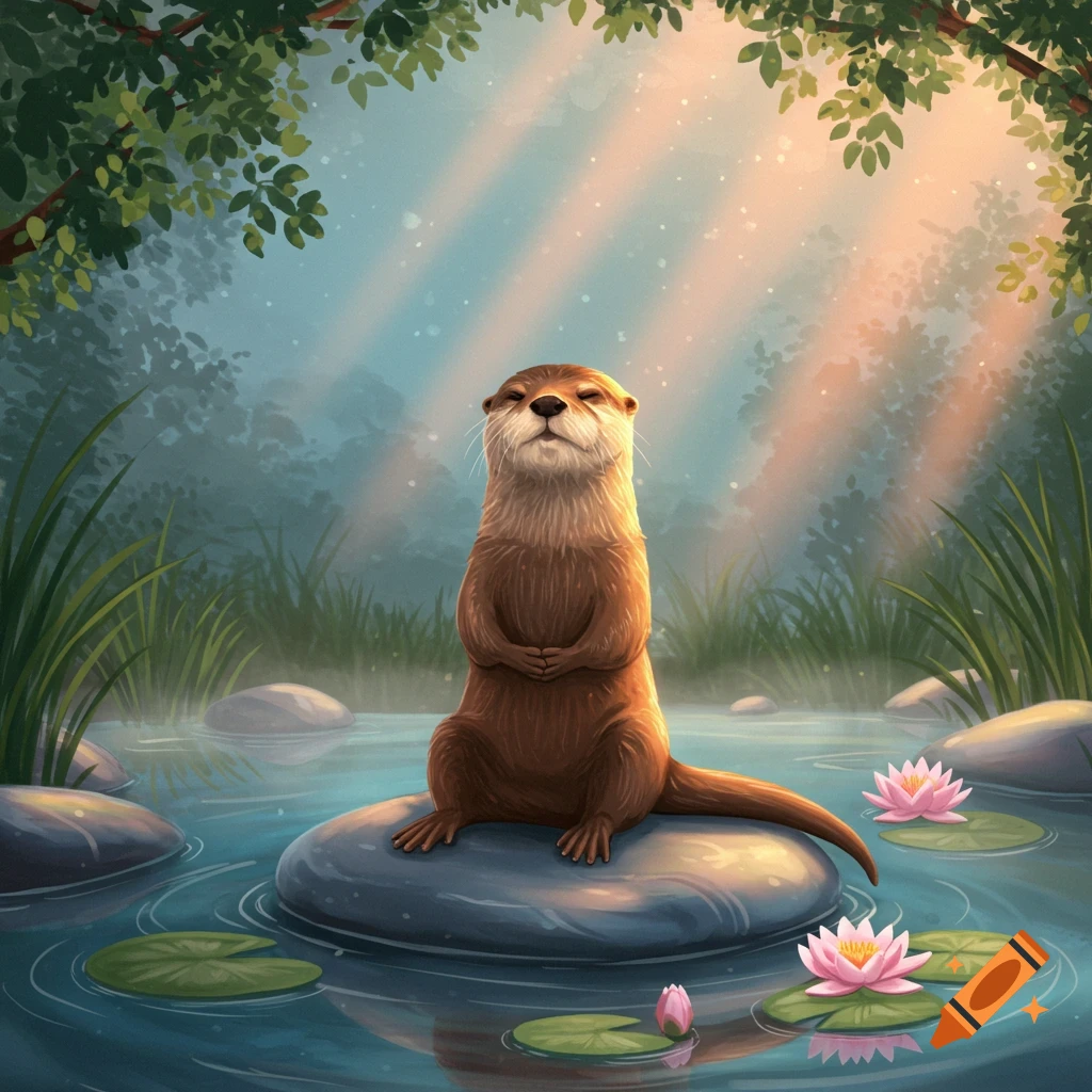 An illustrated otter meditates like Buddha on a rock in a serene pond with water lilies, illuminated by sun rays.