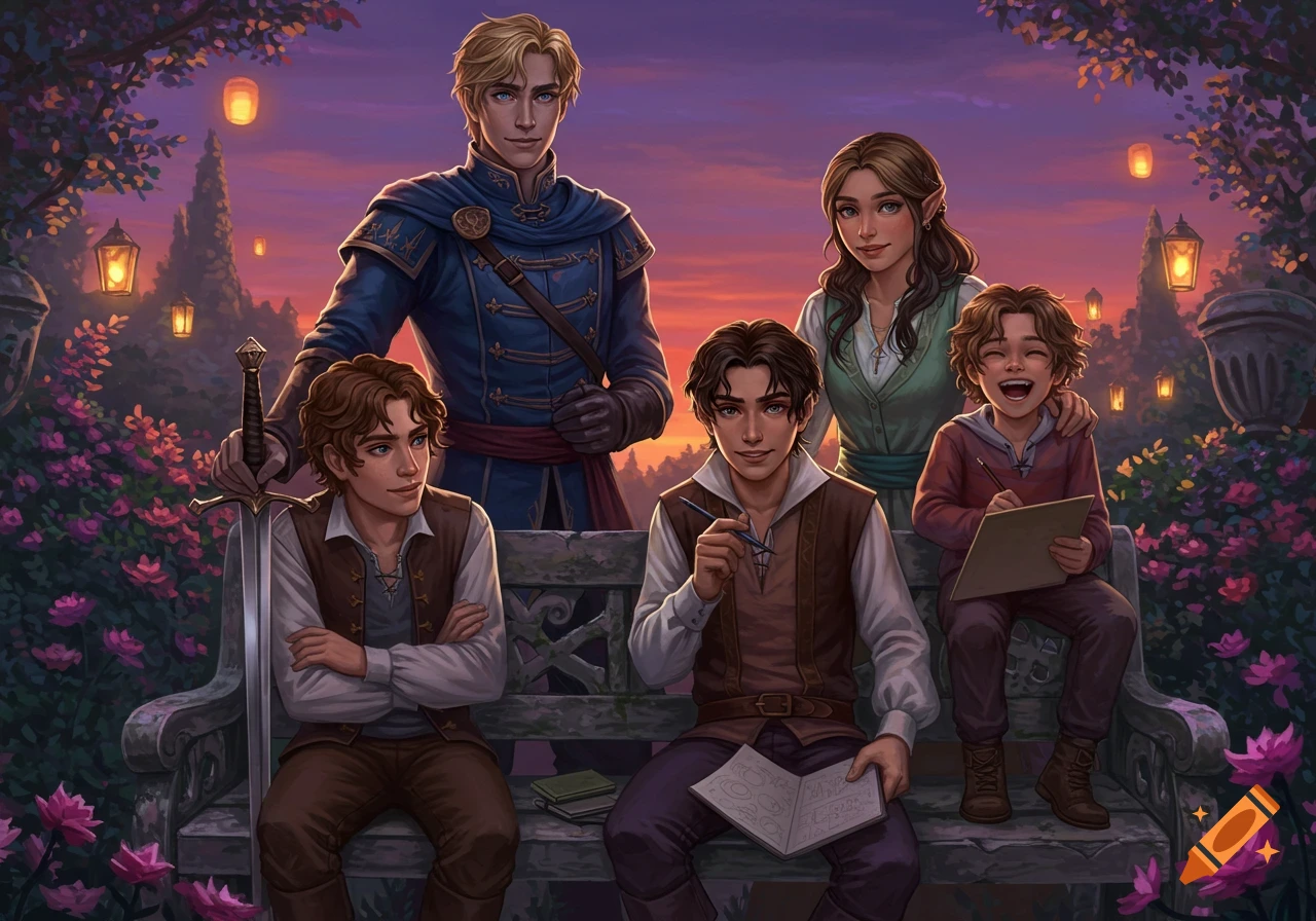 A fantasy illustration of a family of five, including two adults and three children, sitting and standing in an enchanted garden at dusk with glowing lanterns.