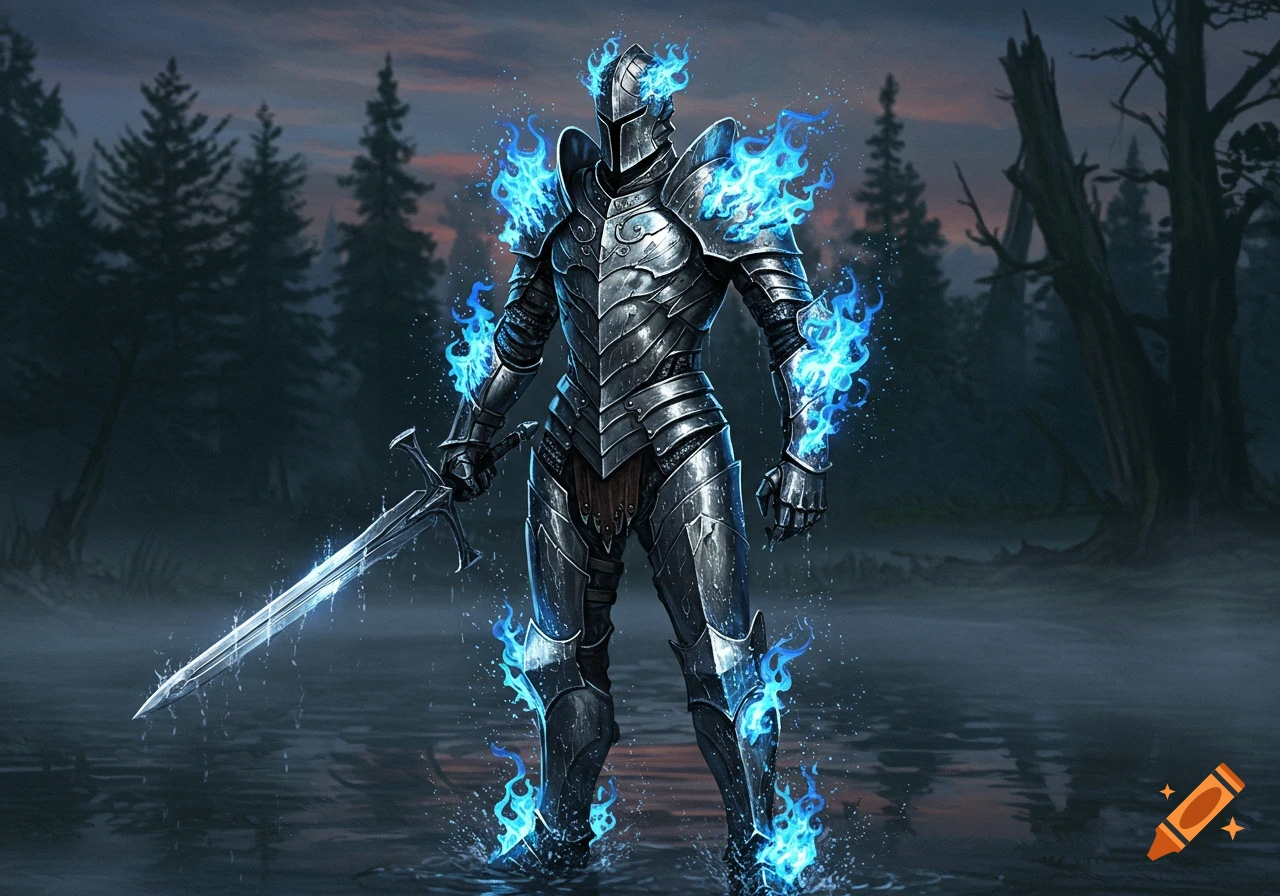 A knight in shiny silver armor with blue flames stands in water, holding a glowing sword in a dark, misty forest.