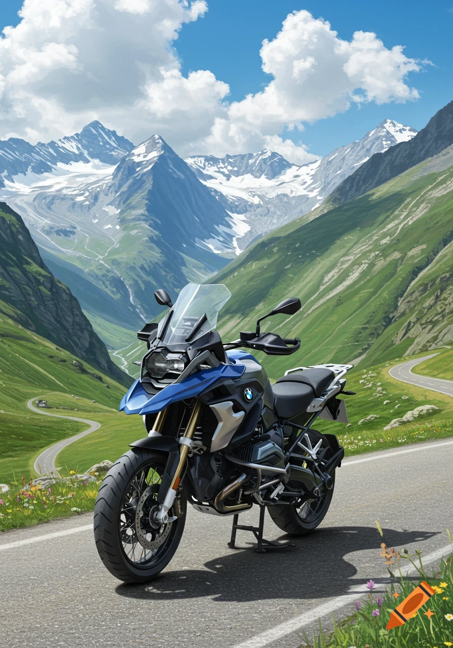 A blue and silver BMW motorcycle parked on a winding mountain road with snow-capped peaks and green valleys.