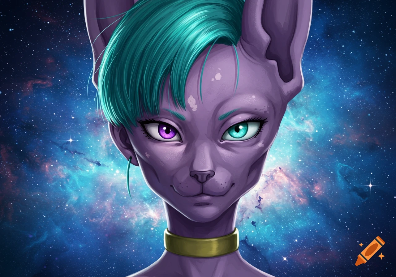 Close-up of a purple, cat-like humanoid with teal hair, heterochromatic eyes, and a golden choker against a blue cosmic background.