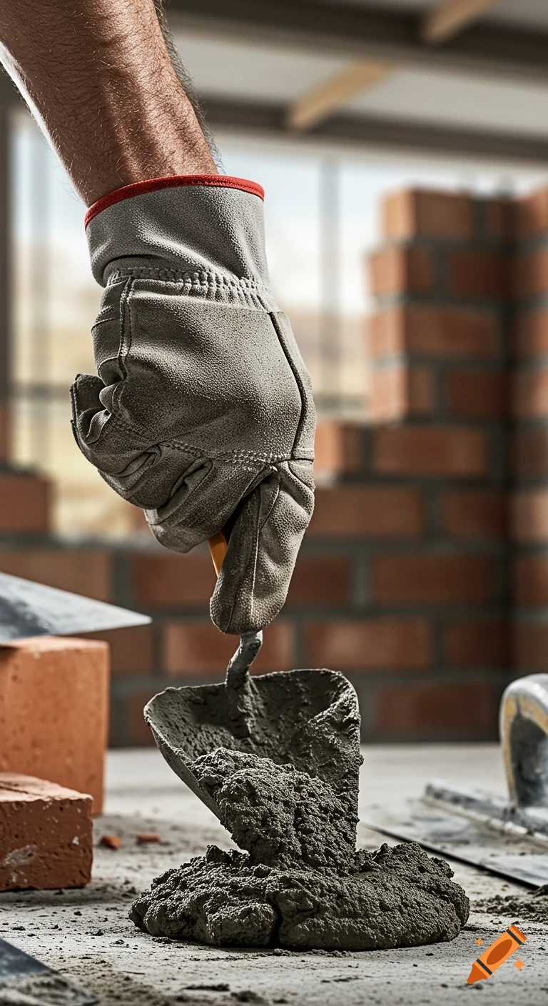 A gloved hand holds a trowel filled with cement over a pile, with bricks and a blurred construction site in the background.