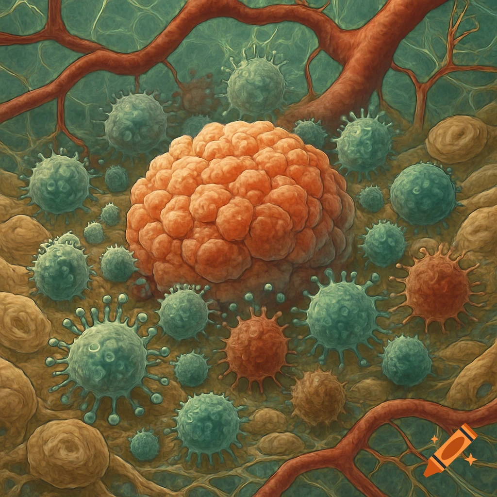 Stylized microscopic view of a tumor surrounded by various cells and blood vessels in an extracellular matrix.