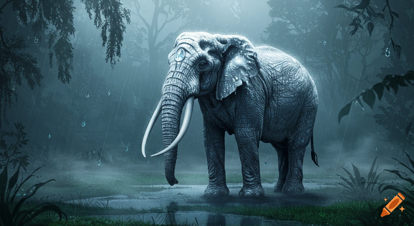 A mystical grey elephant with long tusks stands in a misty, rainy jungle with a glowing symbol on its forehead, photorealistic.