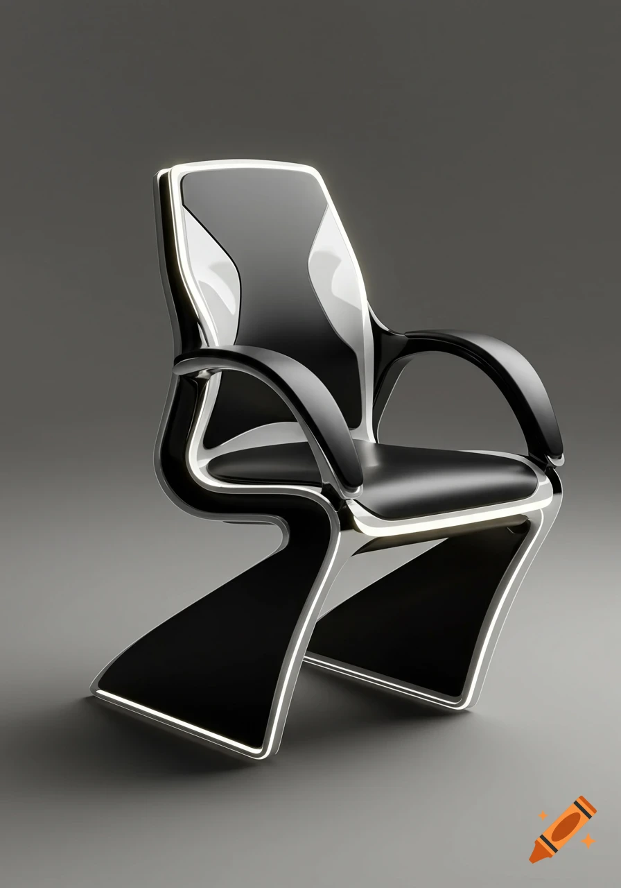 A sleek, modern, black and white stylized chair with glowing white outlines against a gray background.