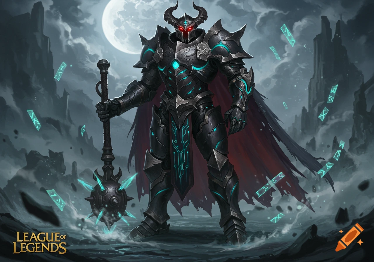 A dark armored knight with glowing red eyes and horns holds a spiked mace in a desolate, cloudy landscape under a full moon, with glowing runes floating.