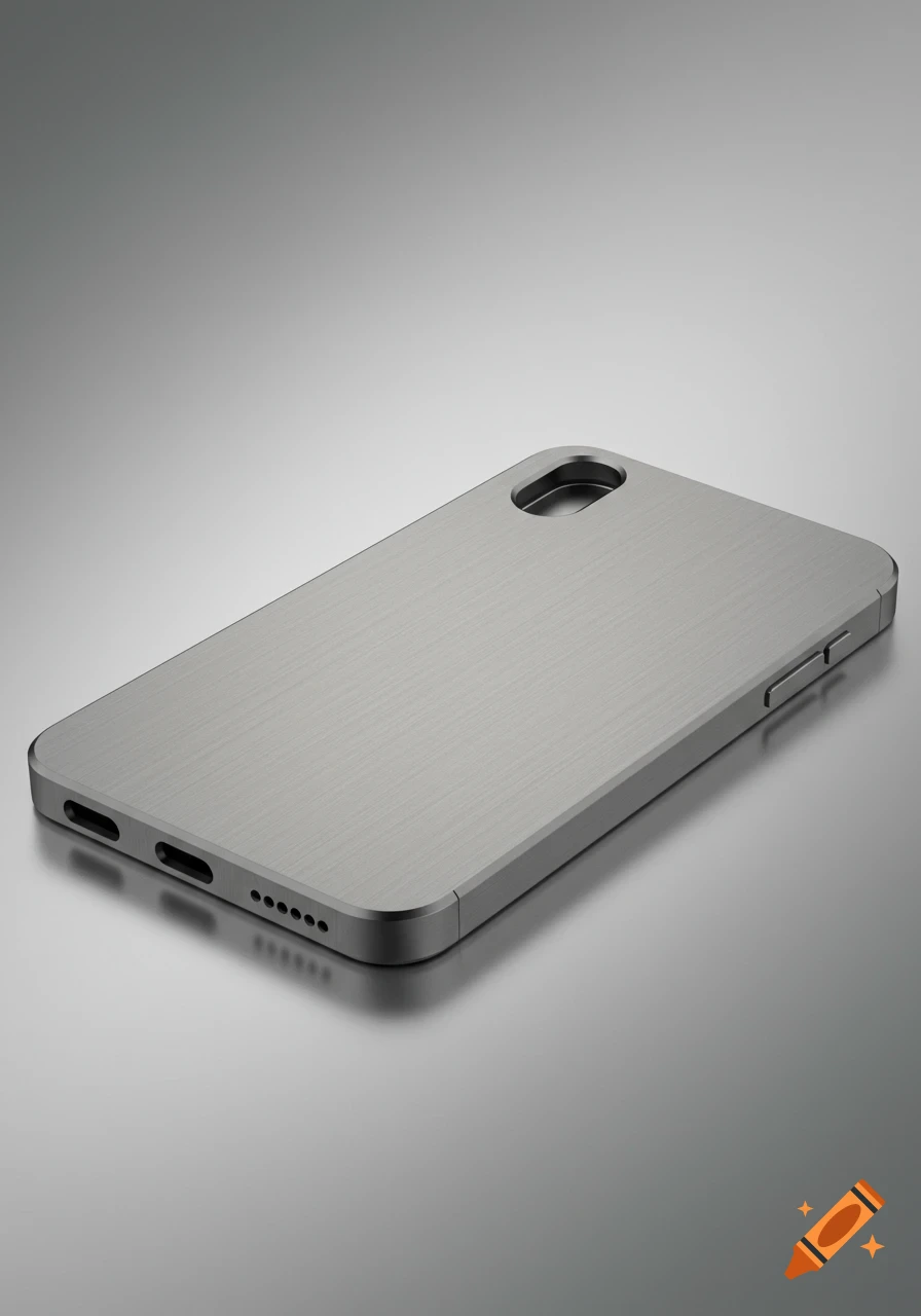A photorealistic brushed metal phone case with cutouts for camera, ports, and buttons, on a reflective gray surface.