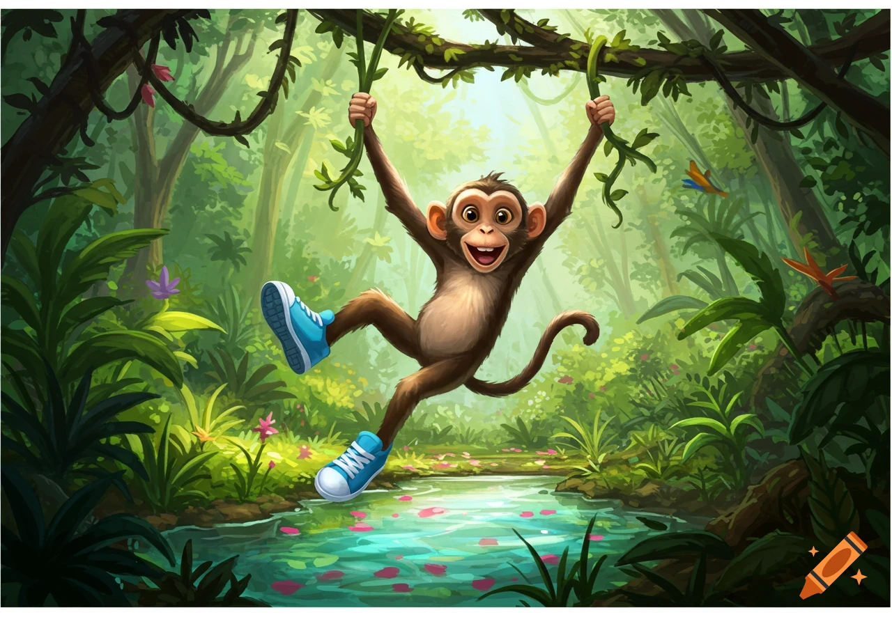 A happy cartoon monkey wearing blue shoes swings on a vine above a river in a lush green jungle.