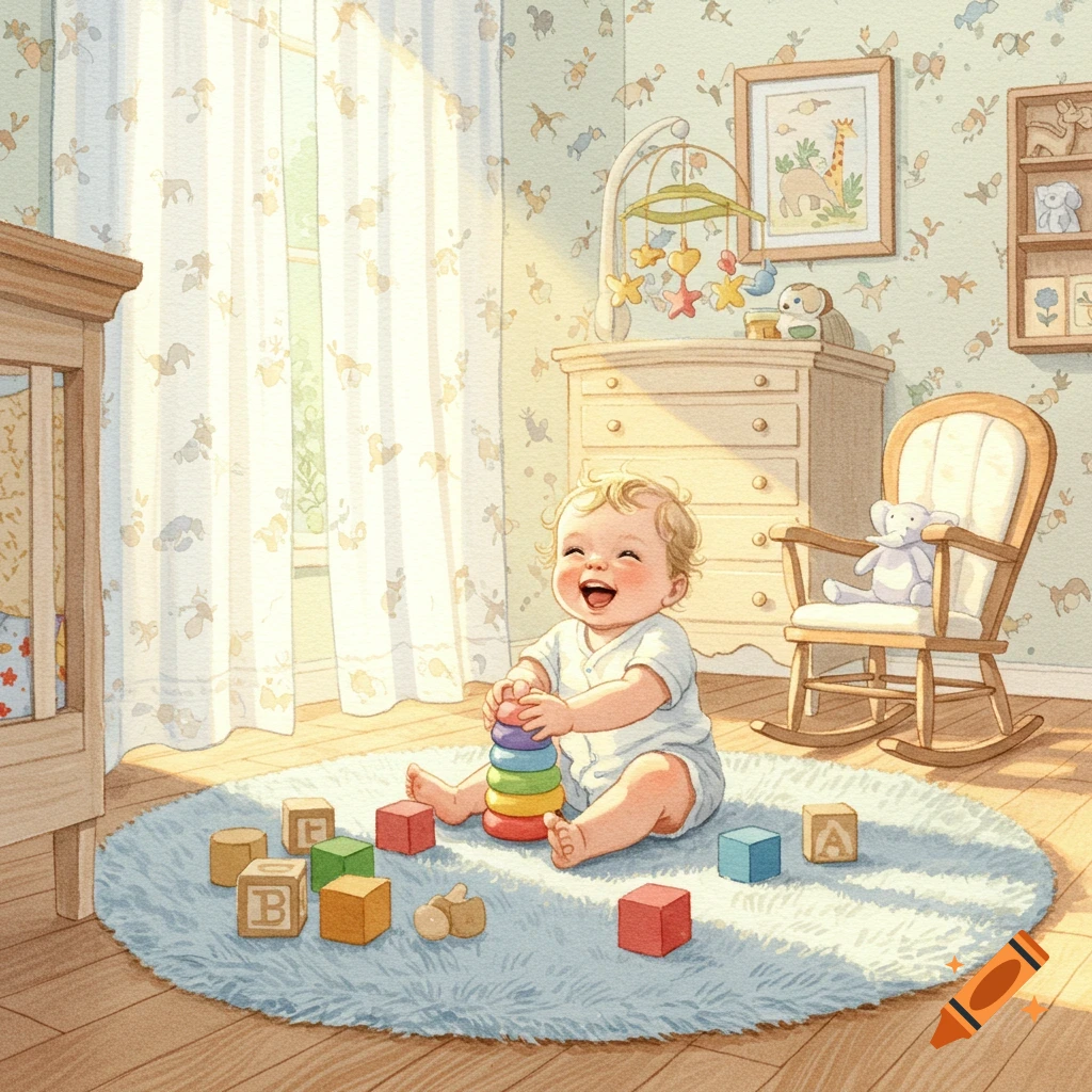 A happy baby sits on a fluffy rug, playing with colorful stacking rings and blocks in a sunny watercolor nursery.
