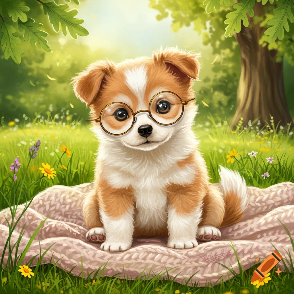 A fluffy brown and white puppy wearing round glasses sits on a pink blanket in a sunny green field with trees and flowers.
