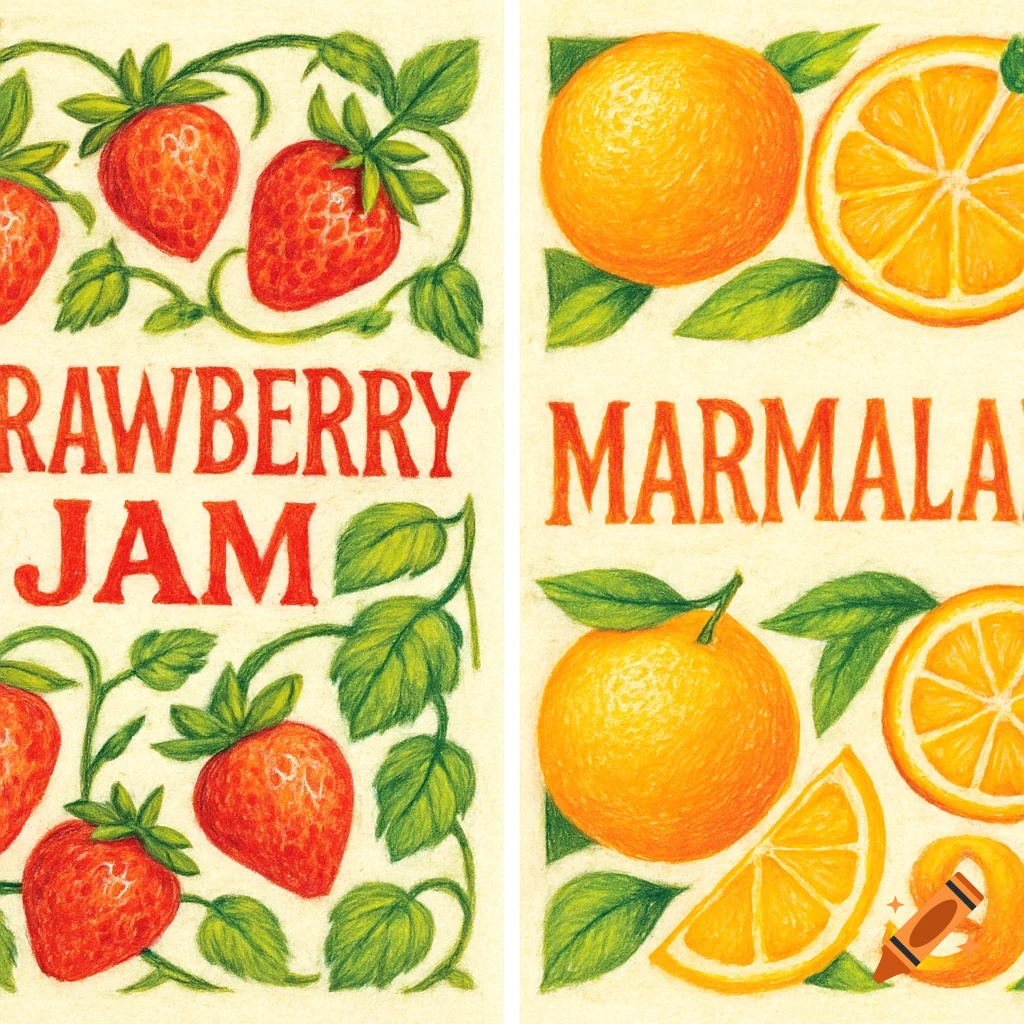 Two hand-drawn pencil style fruit labels. The left label shows strawberries and says "STRAWBERRY JAM". The right label shows oranges and says "MARMALADE".