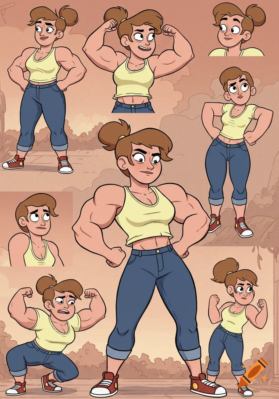 Cartoon model sheet of a muscular woman in a yellow tank top and jeans, flexing in multiple poses.