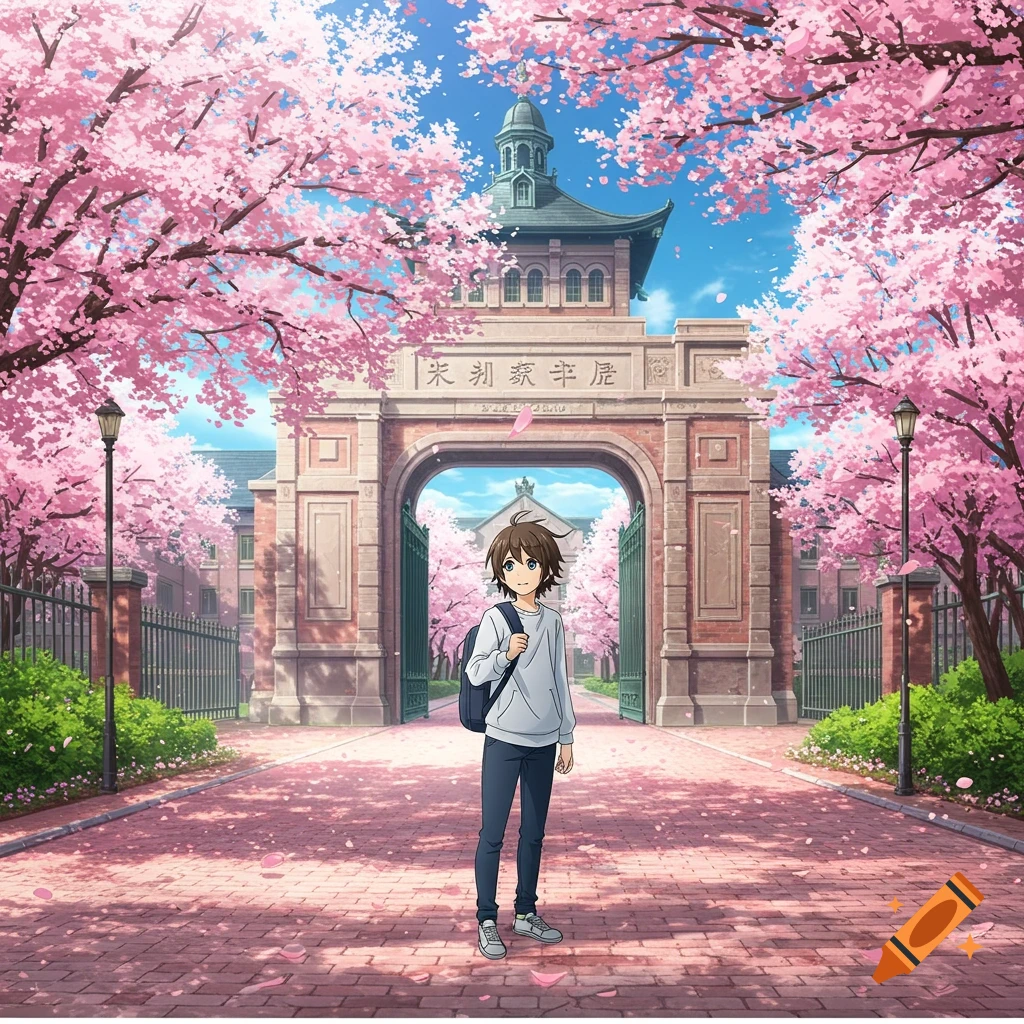 Anime student with a backpack in front of a university gate surrounded by blooming cherry blossom trees.