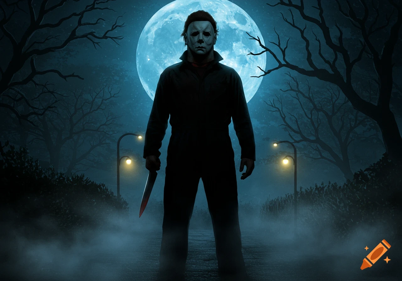 Michael Myers in silhouette on a foggy street, holding a knife, with a large blue full moon behind him. Dark illustration.