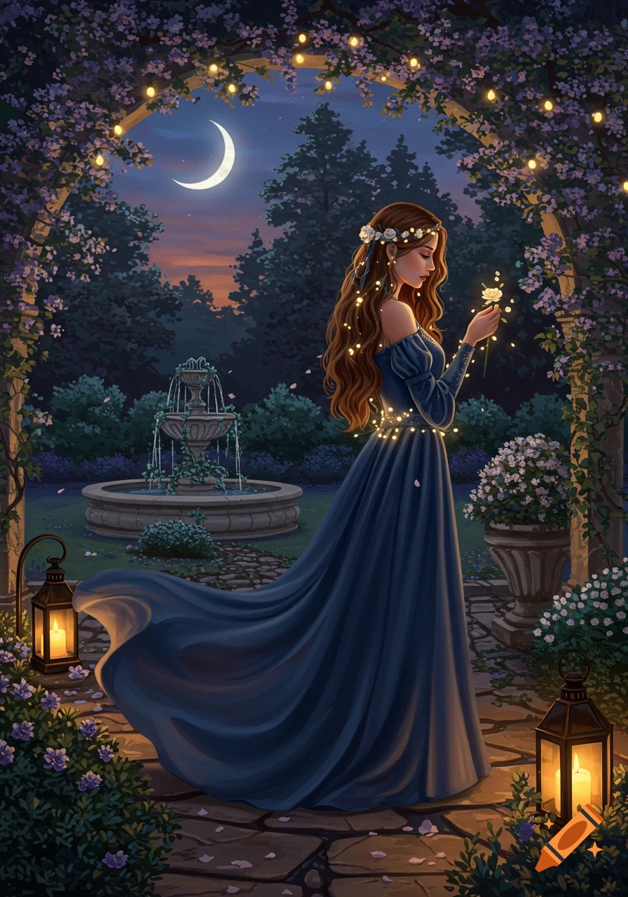 Digital art of a woman in a blue gown in an enchanting garden at night, holding a glowing flower under a crescent moon.