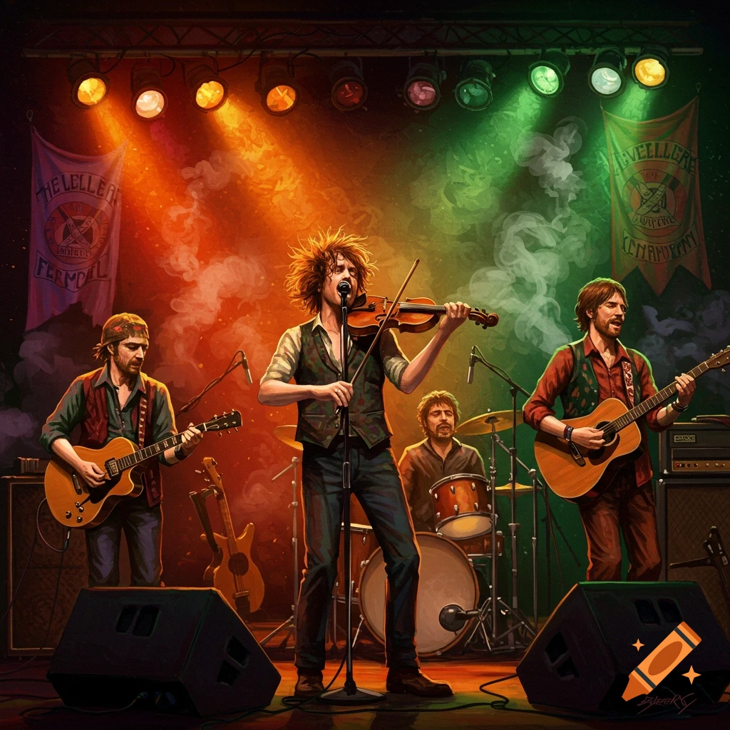 A band of four musicians performing on a stage under orange and green spotlights in a painterly style.