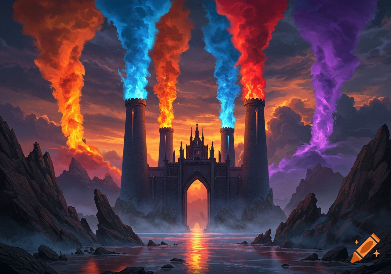 Fantastical digital art of a castle with four towers emitting colorful smoke over water, set against a dramatic sky and rocky landscape.