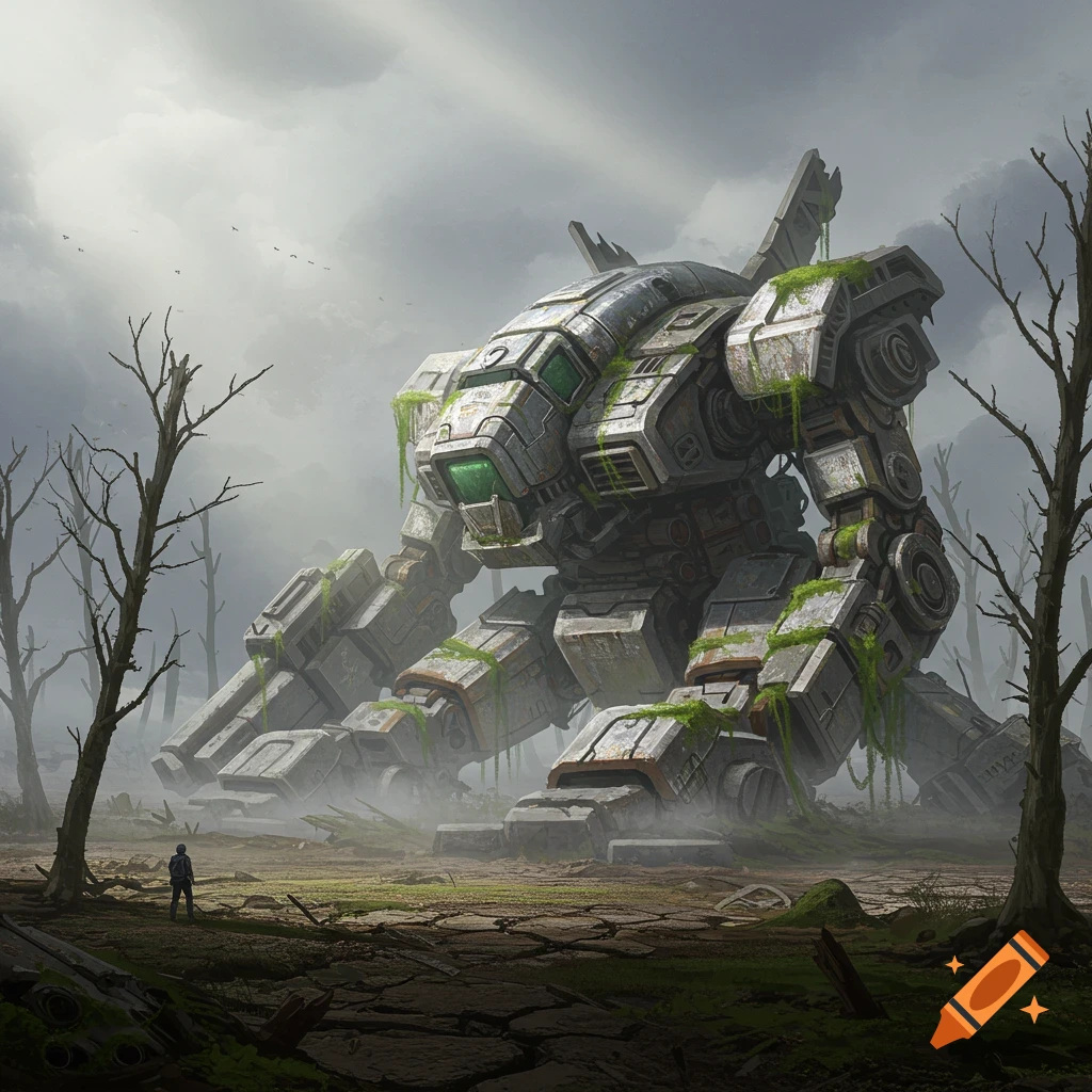 A giant, moss-covered abandoned mech squats in a desolate, foggy landscape with dead trees, a small person stands nearby.