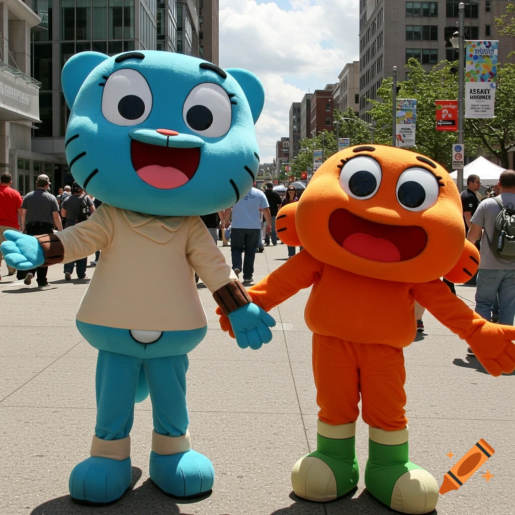 Two cartoon mascot characters, a blue cat and an orange goldfish, stand on a sunny city street among people and buildings.