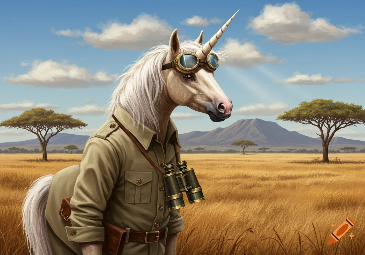 A unicorn wearing safari clothes, goggles, and binoculars stands in a sunny savanna landscape with acacia trees and mountains.