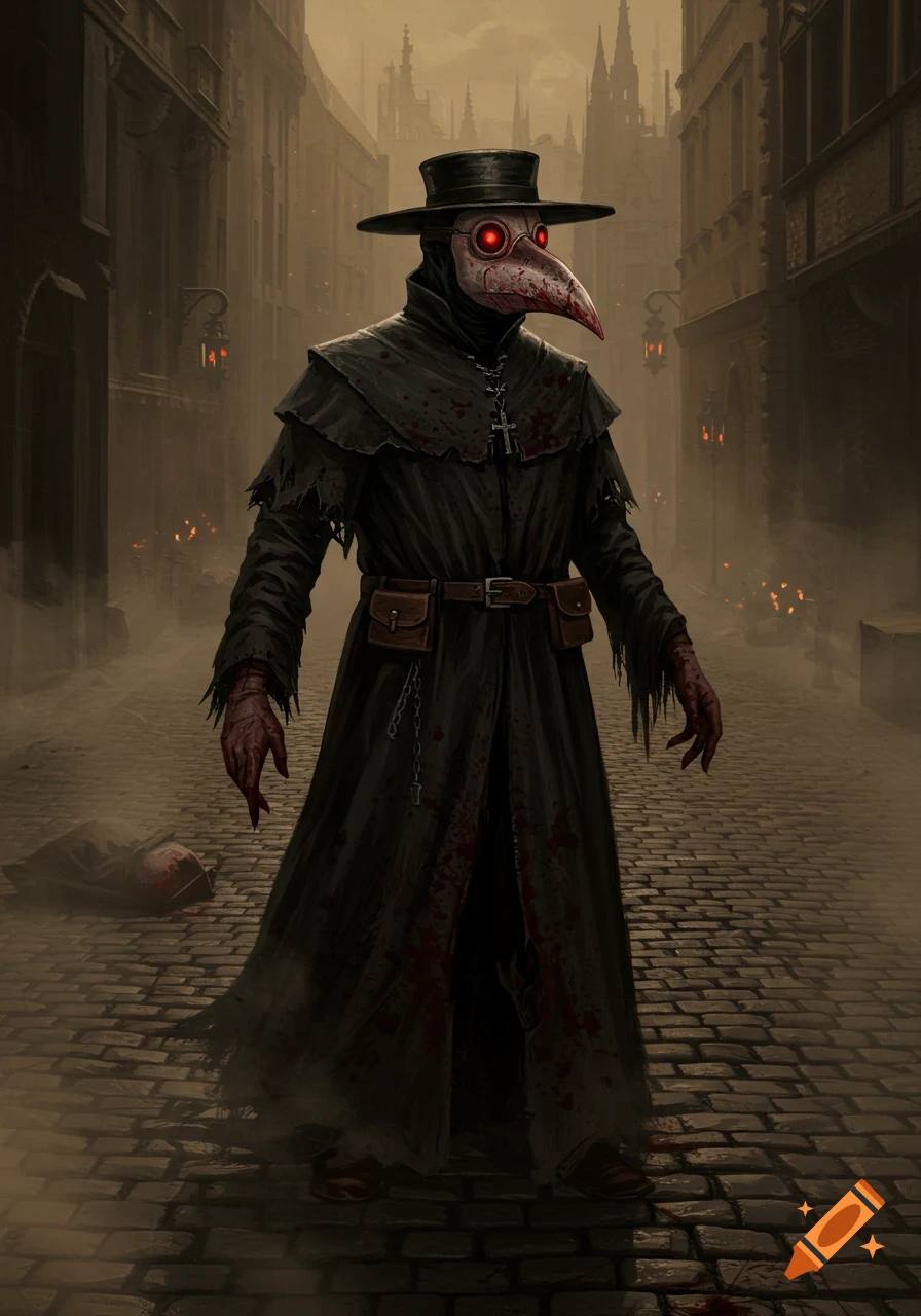 An ominous plague doctor in a black cloak and bird-like mask with glowing red eyes stands on a dark, blood-splattered medieval street.
