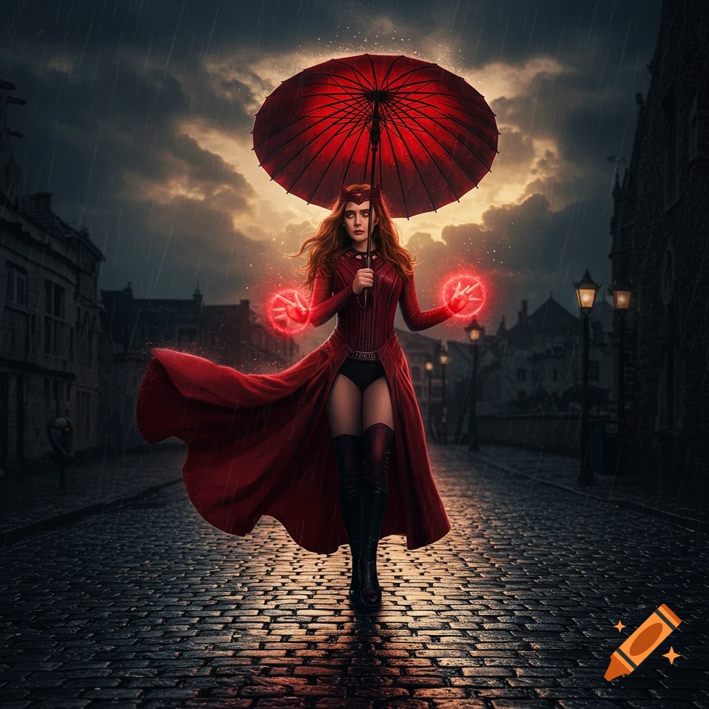 Photorealistic image of Scarlet Witch in a red costume and crown, holding a red umbrella and glowing magic on a rainy cobblestone street.