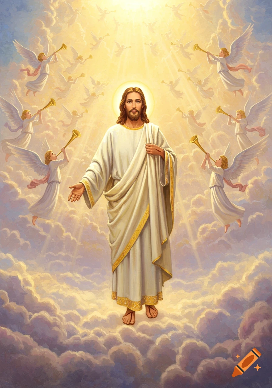 Jesus in a white robe, standing on clouds with extended hand, surrounded by angels playing trumpets under a bright light.