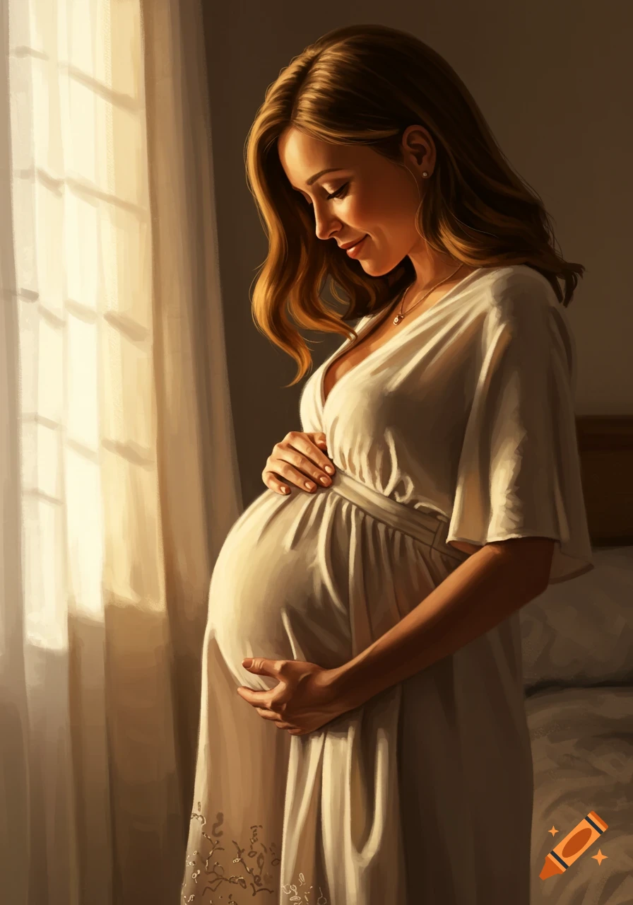 A digital painting of a pregnant woman in a white dress, gently cradling her belly while standing by a sunlit window.