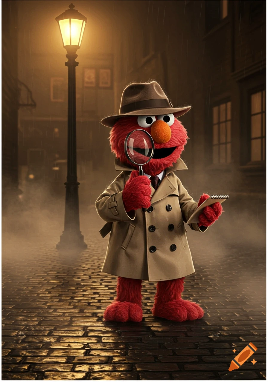 Elmo dressed as a detective in a trench coat and fedora, holding a magnifying glass and notepad, stands on a rainy cobblestone street under a lamppost.