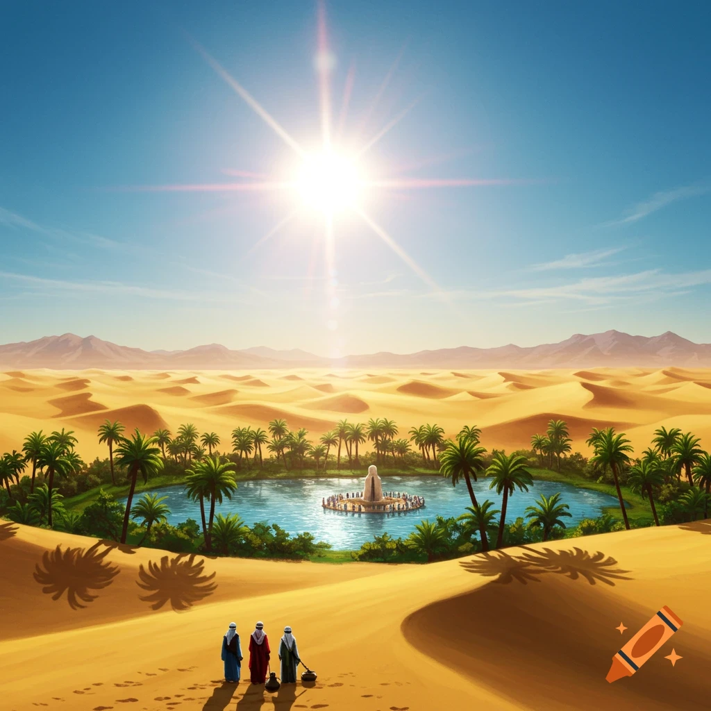 Three travelers approach a lush desert oasis with a central monument and palm trees, under a bright sun in a vast sandy landscape.