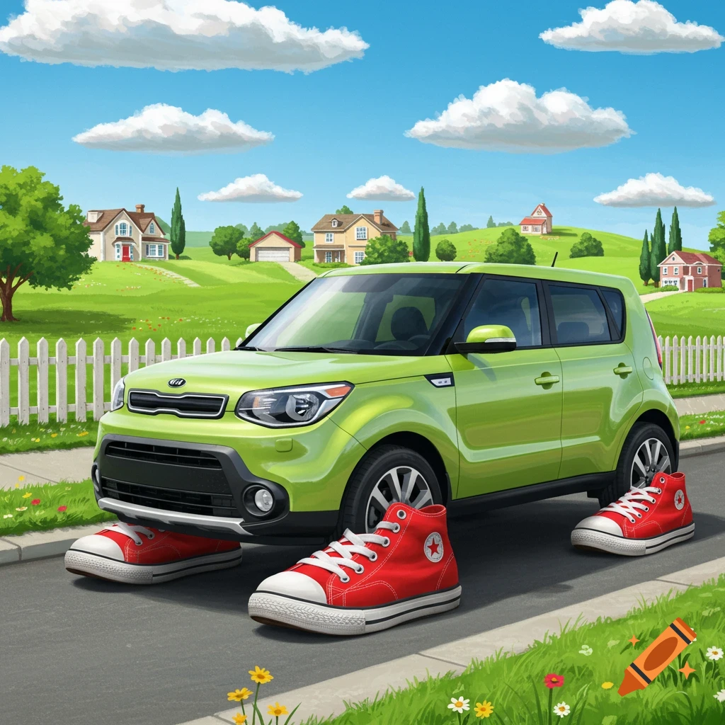 Cartoon lime green Kia Soul car with red high-top sneakers instead of wheels, parked on a suburban road.
