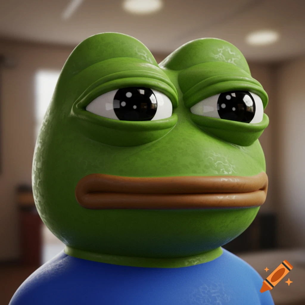 A 3D render of Pepe the Frog with wide eyes, looking directly into the camera.