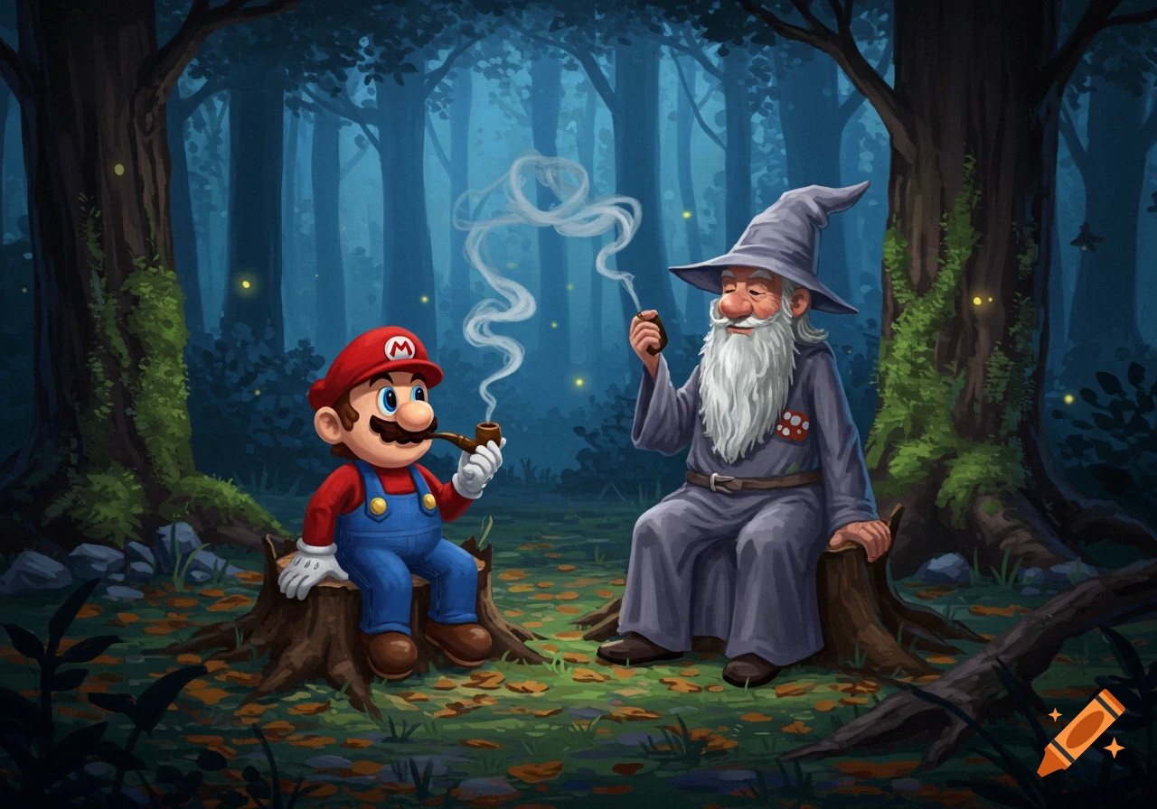Mario and a wizard smoke pipes while sitting on tree stumps in a dark, misty forest with fireflies, in an illustrated style.